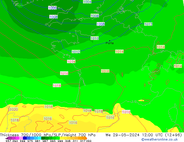 Schichtdicke 700-1000 hPa ECMWF Mi 29.05.2024 12 UTC