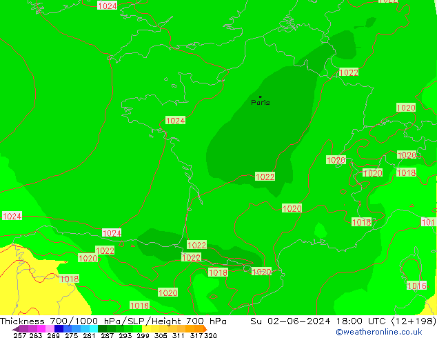 Dikte700-1000 hPa ECMWF zo 02.06.2024 18 UTC