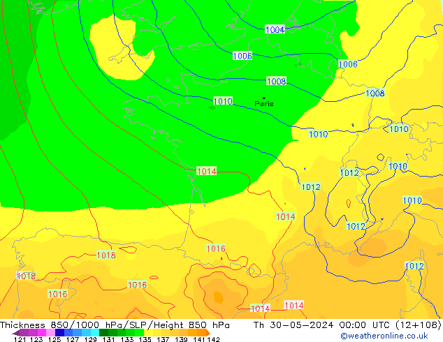 Thck 850-1000 hPa ECMWF gio 30.05.2024 00 UTC