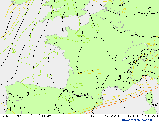 Theta-e 700hPa ECMWF Fr 31.05.2024 06 UTC