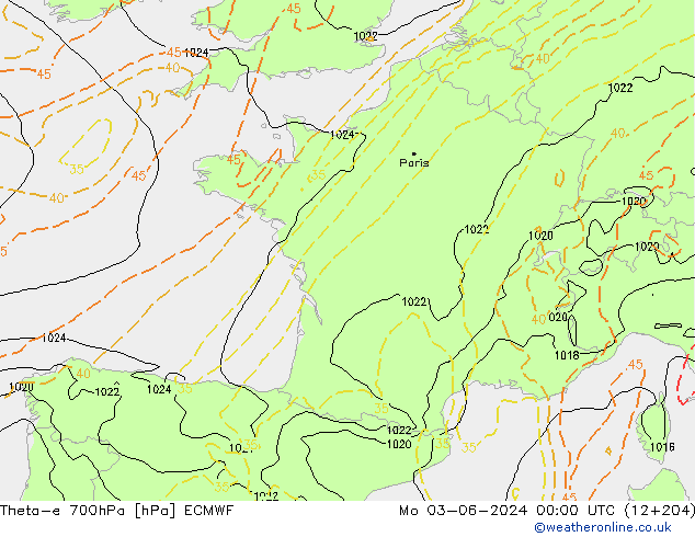 Theta-e 700hPa ECMWF Mo 03.06.2024 00 UTC