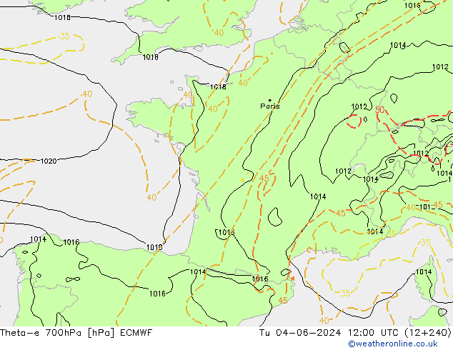 Theta-e 700hPa ECMWF Tu 04.06.2024 12 UTC