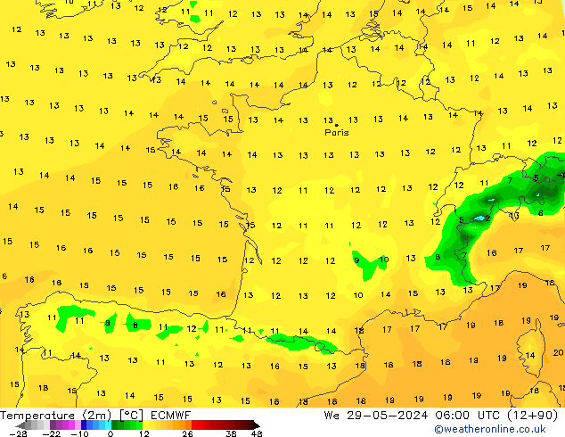 Temperature (2m) ECMWF We 29.05.2024 06 UTC