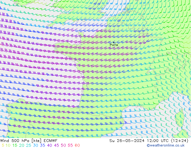 Wind 500 hPa ECMWF Su 26.05.2024 12 UTC