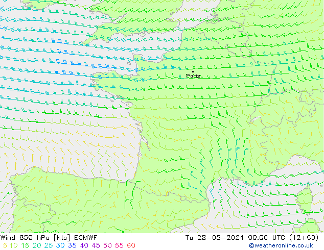 wiatr 850 hPa ECMWF wto. 28.05.2024 00 UTC