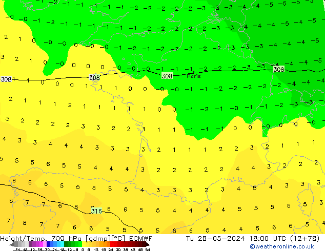 Geop./Temp. 700 hPa ECMWF mar 28.05.2024 18 UTC