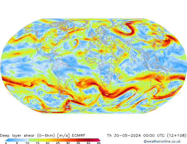 Deep layer shear (0-6km) ECMWF do 30.05.2024 00 UTC