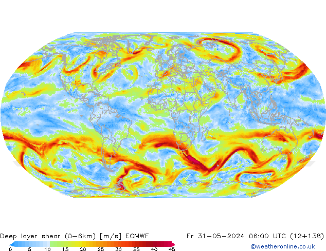 Deep layer shear (0-6km) ECMWF Pá 31.05.2024 06 UTC