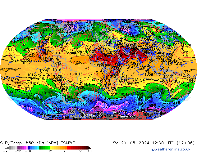 SLP/Temp. 850 hPa ECMWF mié 29.05.2024 12 UTC