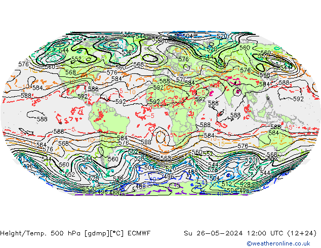 Z500/Rain (+SLP)/Z850 ECMWF dom 26.05.2024 12 UTC