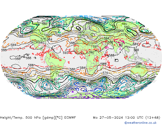 Z500/Rain (+SLP)/Z850 ECMWF Mo 27.05.2024 12 UTC