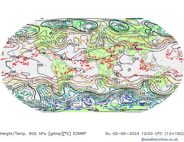 Z500/Rain (+SLP)/Z850 ECMWF So 02.06.2024 12 UTC