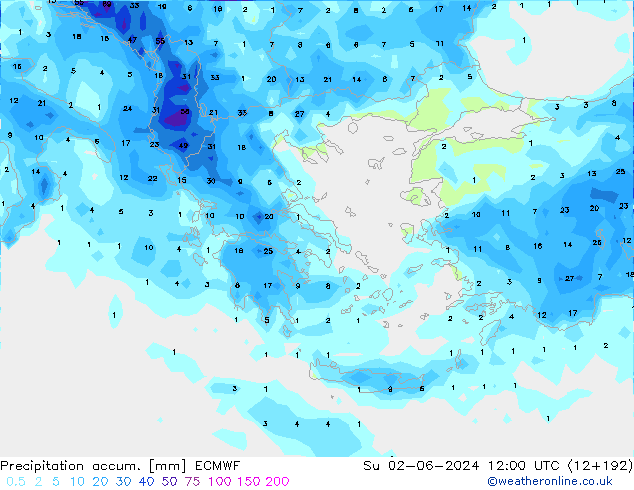 Precipitation accum. ECMWF Dom 02.06.2024 12 UTC