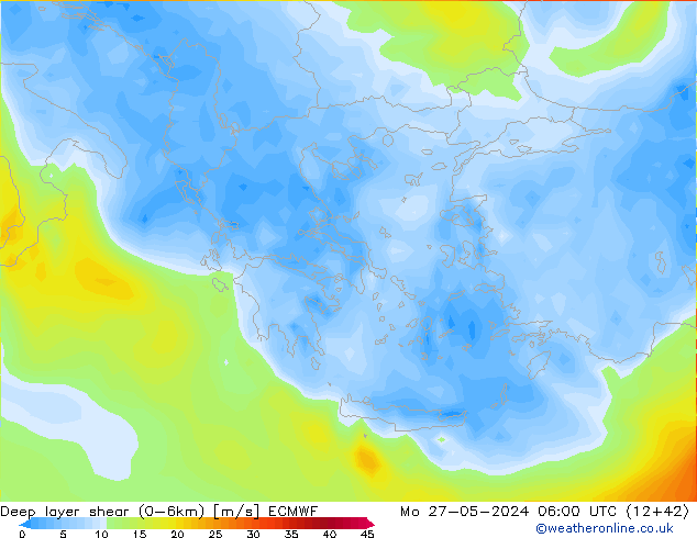 Deep layer shear (0-6km) ECMWF Mo 27.05.2024 06 UTC