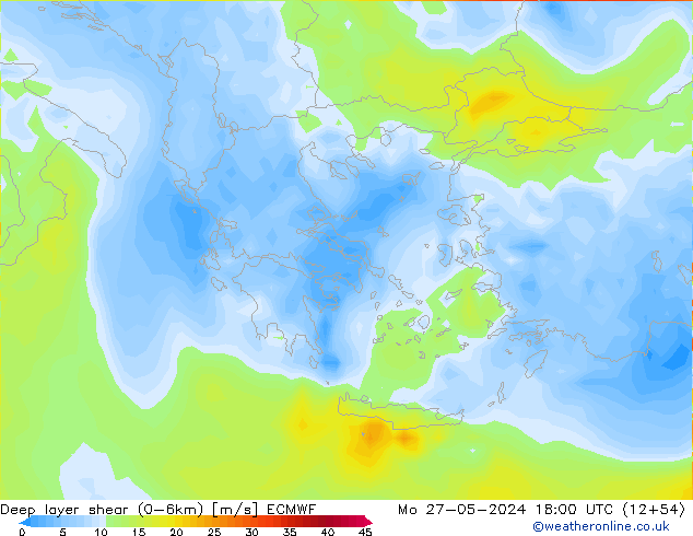 Deep layer shear (0-6km) ECMWF Pzt 27.05.2024 18 UTC