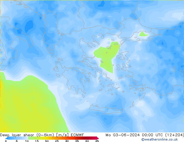 Deep layer shear (0-6km) ECMWF Mo 03.06.2024 00 UTC