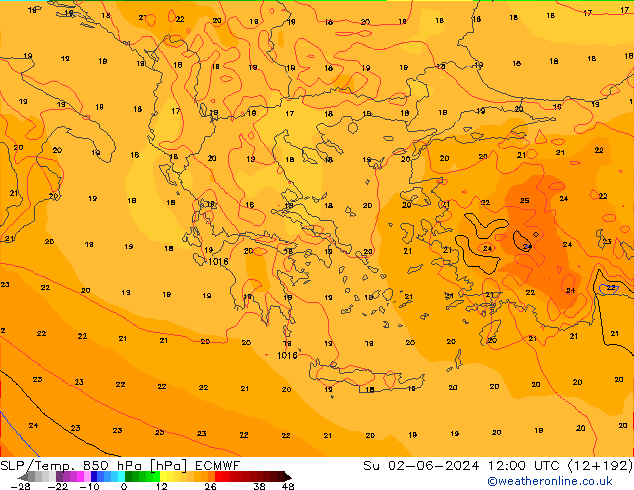 SLP/Temp. 850 hPa ECMWF Dom 02.06.2024 12 UTC