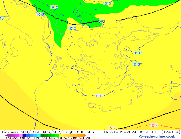 Thck 500-1000hPa ECMWF czw. 30.05.2024 06 UTC