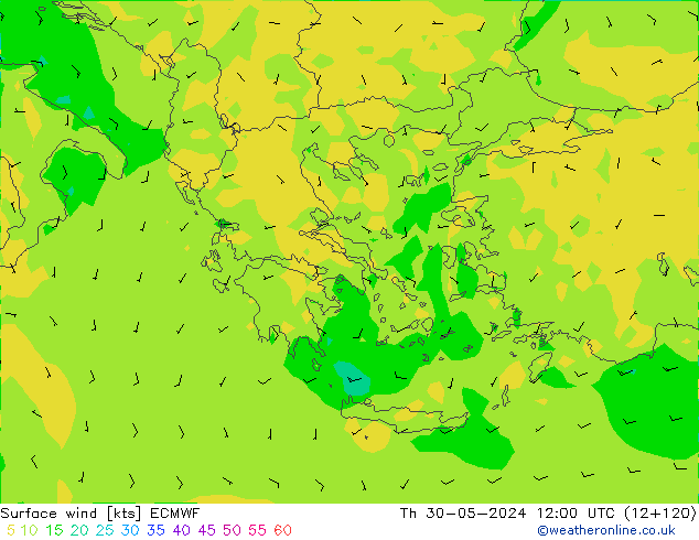 Surface wind ECMWF Čt 30.05.2024 12 UTC