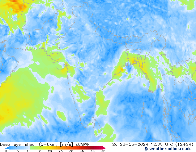 Deep layer shear (0-6km) ECMWF nie. 26.05.2024 12 UTC