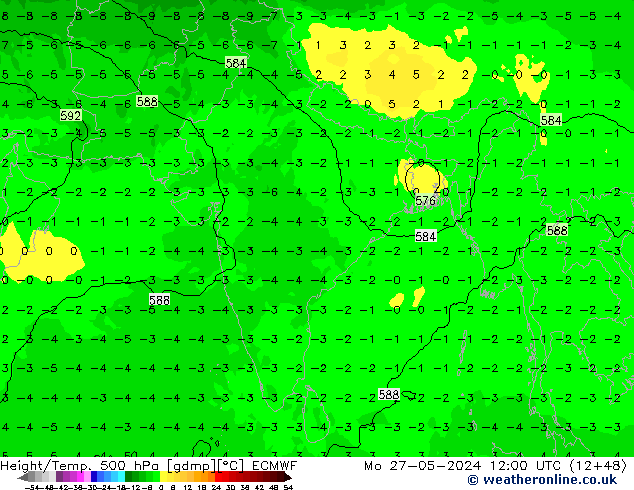 Z500/Rain (+SLP)/Z850 ECMWF пн 27.05.2024 12 UTC