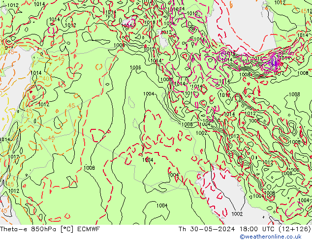 Theta-e 850hPa ECMWF czw. 30.05.2024 18 UTC