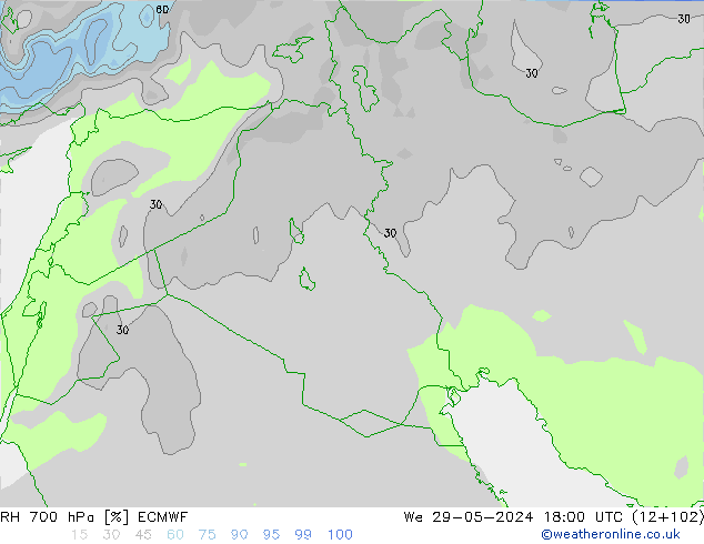 Humidité rel. 700 hPa ECMWF mer 29.05.2024 18 UTC