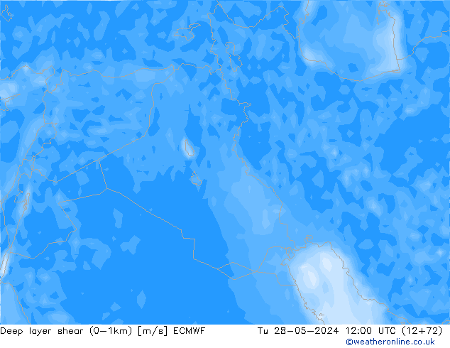 Deep layer shear (0-1km) ECMWF Tu 28.05.2024 12 UTC