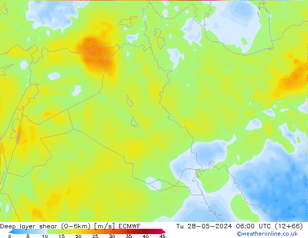 Deep layer shear (0-6km) ECMWF Sa 28.05.2024 06 UTC