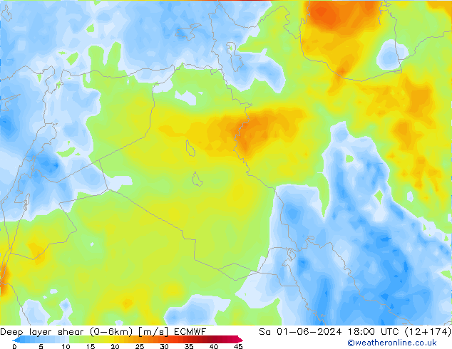 Deep layer shear (0-6km) ECMWF Sáb 01.06.2024 18 UTC