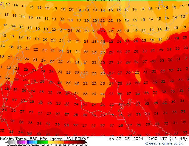 Yükseklik/Sıc. 850 hPa ECMWF Pzt 27.05.2024 12 UTC