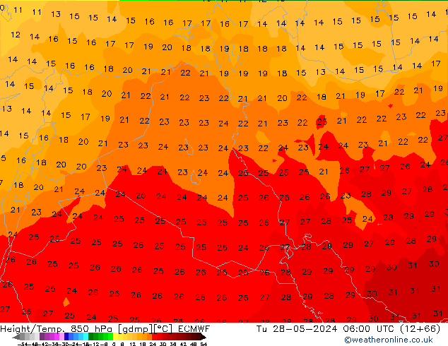 Géop./Temp. 850 hPa ECMWF mar 28.05.2024 06 UTC