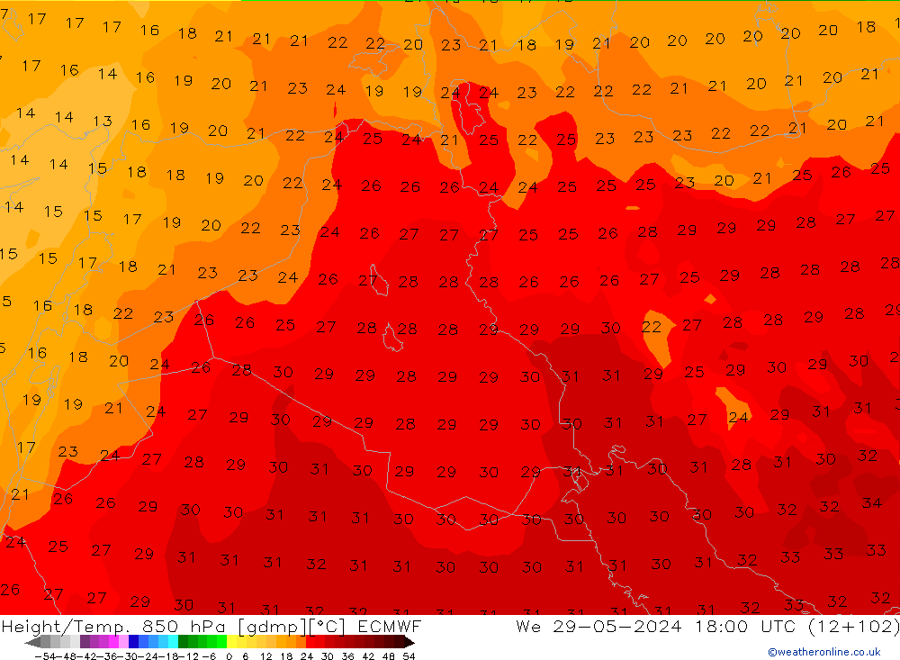 Z500/Rain (+SLP)/Z850 ECMWF mer 29.05.2024 18 UTC