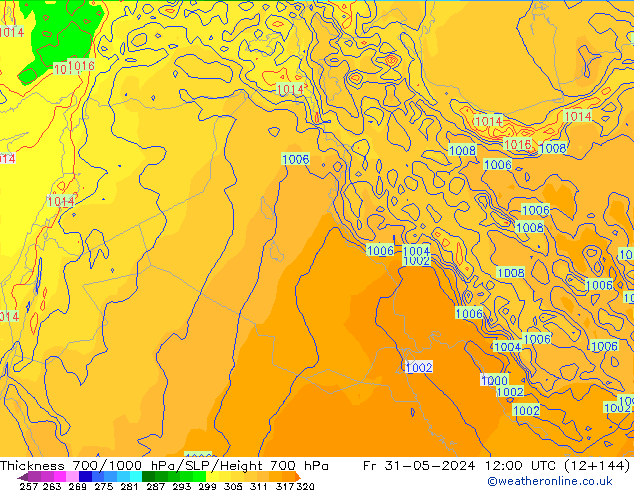 Thck 700-1000 hPa ECMWF Fr 31.05.2024 12 UTC