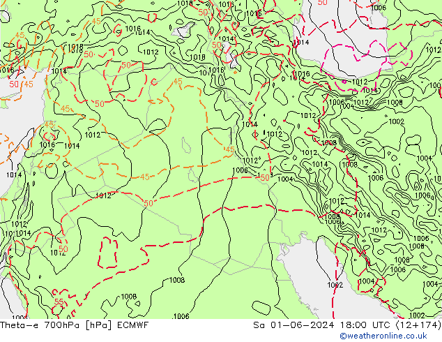 Theta-e 700hPa ECMWF sab 01.06.2024 18 UTC