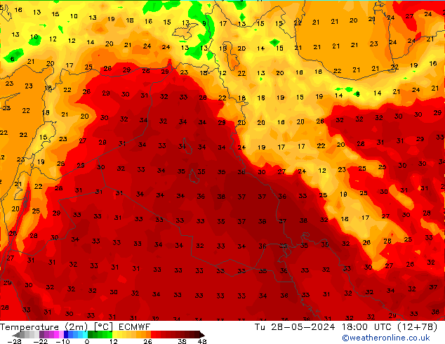 Temperatura (2m) ECMWF mar 28.05.2024 18 UTC