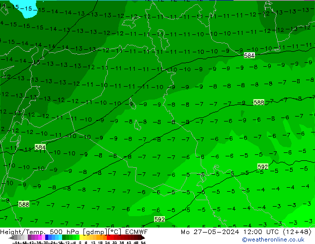 Z500/Rain (+SLP)/Z850 ECMWF Mo 27.05.2024 12 UTC