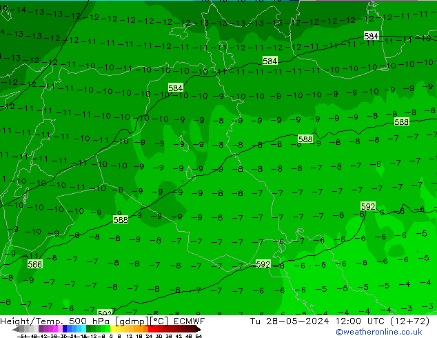 Z500/Rain (+SLP)/Z850 ECMWF wto. 28.05.2024 12 UTC