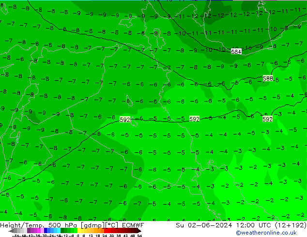 Z500/Yağmur (+YB)/Z850 ECMWF Paz 02.06.2024 12 UTC