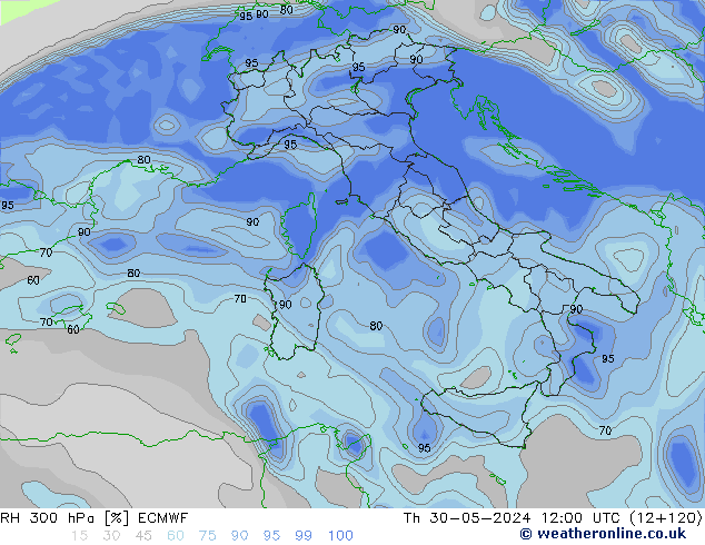 RH 300 hPa ECMWF Čt 30.05.2024 12 UTC