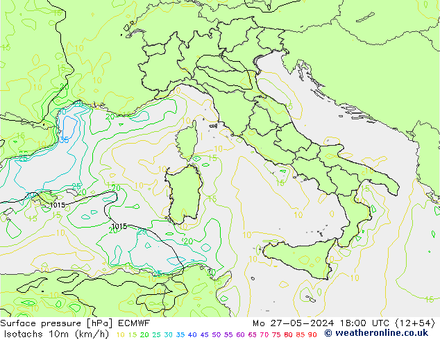 Isotachen (km/h) ECMWF ma 27.05.2024 18 UTC