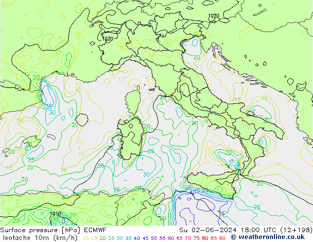 Isotachen (km/h) ECMWF zo 02.06.2024 18 UTC