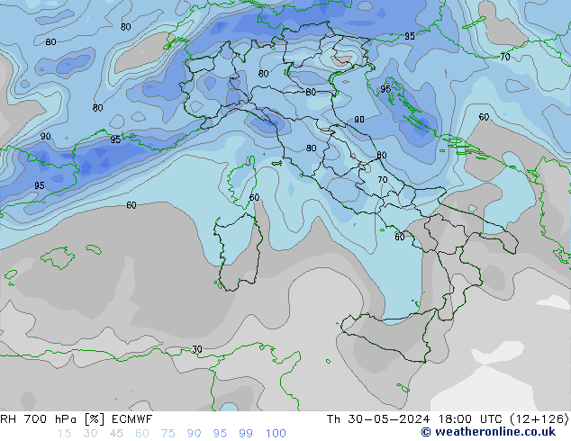 RH 700 hPa ECMWF Čt 30.05.2024 18 UTC