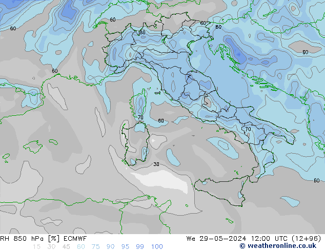 850 hPa Nispi Nem ECMWF Çar 29.05.2024 12 UTC