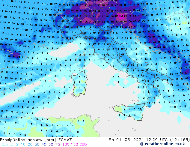 Precipitation accum. ECMWF so. 01.06.2024 12 UTC