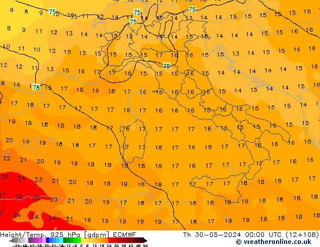 Hoogte/Temp. 925 hPa ECMWF do 30.05.2024 00 UTC