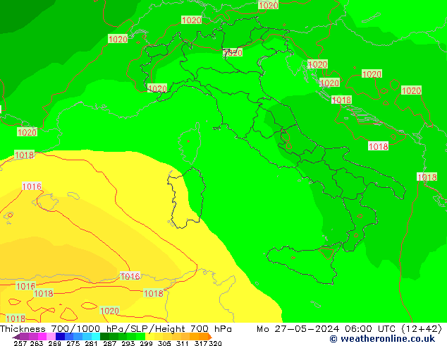 Thck 700-1000 hPa ECMWF lun 27.05.2024 06 UTC