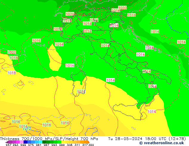 Dikte700-1000 hPa ECMWF di 28.05.2024 18 UTC