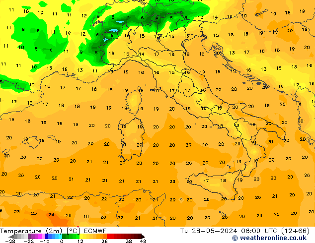 mapa temperatury (2m) ECMWF wto. 28.05.2024 06 UTC