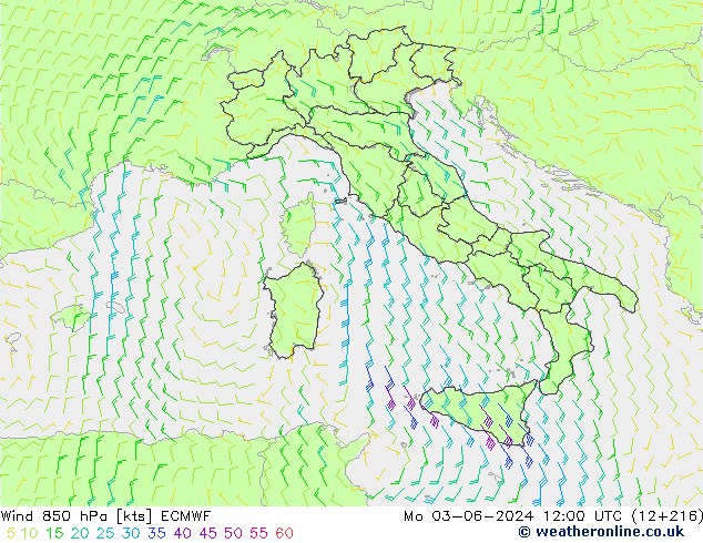 Rüzgar 850 hPa ECMWF Pzt 03.06.2024 12 UTC